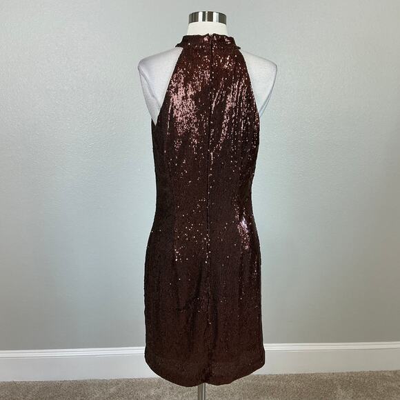 Halston Mini Sheath Cocktail Dress Copper Brown Size 10 Sleeveless Cut Out - Picture 6 of 14